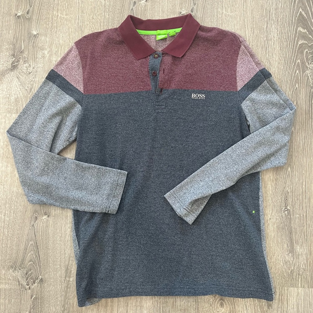 Hugo Boss, men’s long sleeve polo, in gray and red